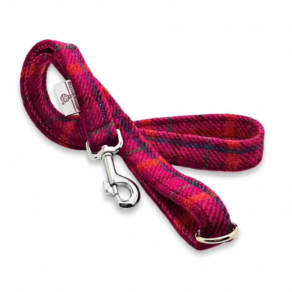 Cerise Check Luxury Harris Tweed Hundeleine von Collared Creatures. Handgefertigt in Großbritannien. Bunte und lebendige Harris Tweed Hundeleine.