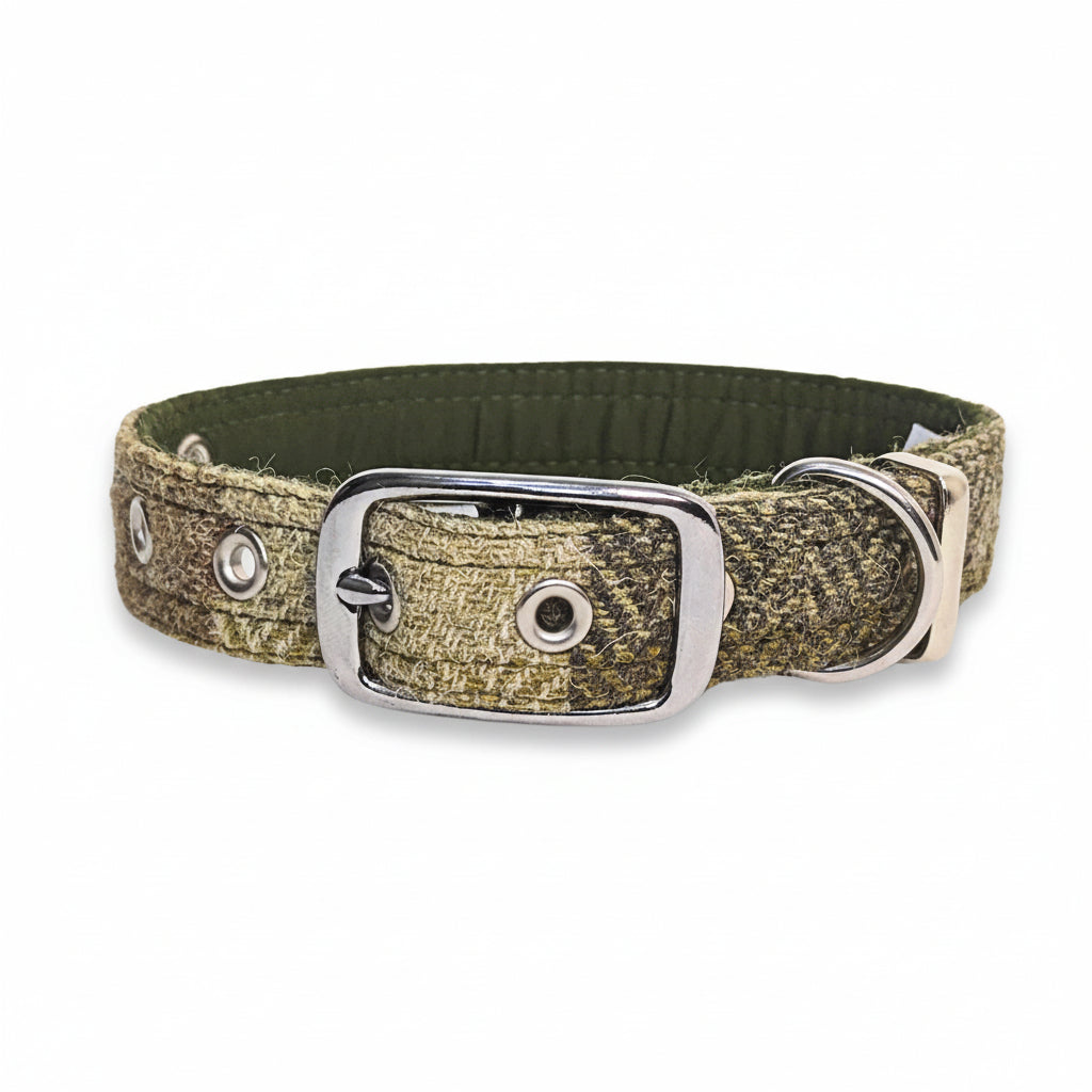 Green Block Luxury Harris Tweed Dog Collar by Collared Creatures - Classic Handmade Tweed Buckle Dog Collar, Made in the UK, Available in Multiple Sizes