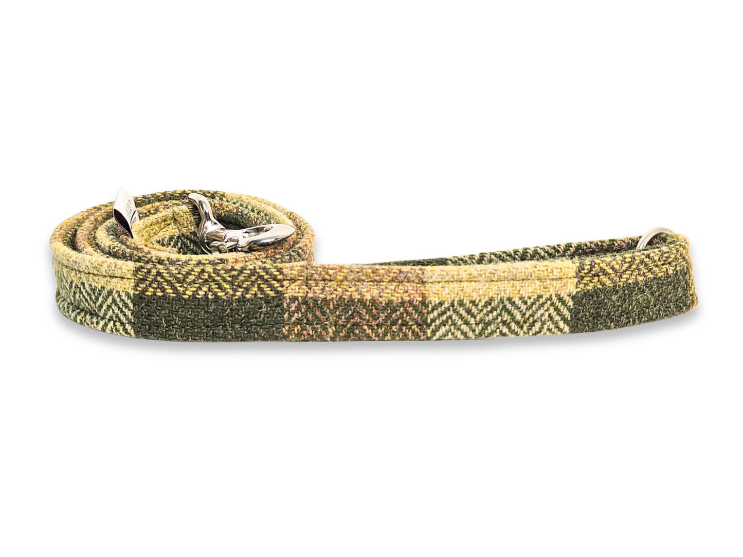 Green Block Herringbone Luxury Harris Tweed Dog Lead Hand Made in the UK by Collared Creatures. Stylish & Hard Wearing. Heritage Harris Tweed Design Dog Lead.