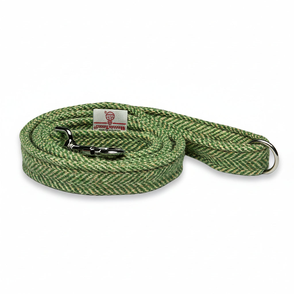 Collared Creatures Handmade Green Herringbone Harris Tweed Luxury Dog Lead. Vibrant Heritage Design. Durable and Stylish Dog Lead.