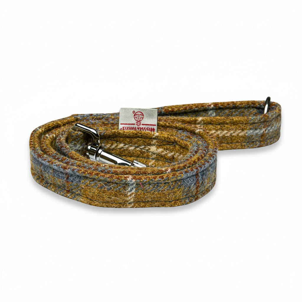 Collared Creatures Mustard & Blue Check Harris Tweed Luxury Dog Lead. Heritage Harris Tweed Dog Lead Hand Made in the UK. Stylish & Durable. Paid With a Matching Harris Tweed Dog Collar.