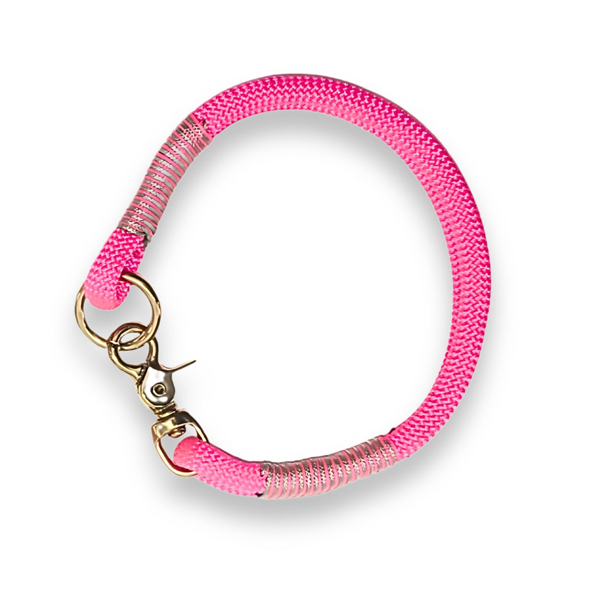 Neon pink high-visibility rope dog collar, 8 mm washable PPM, lightweight, brass hardware, whipping, handmade pet accessory