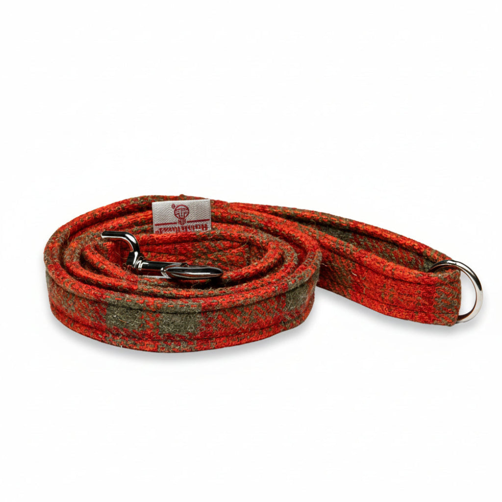 Collared Creatures Orange & Olive Check Harris Tweed Luxury Dog Lead. Handmade in the UK.