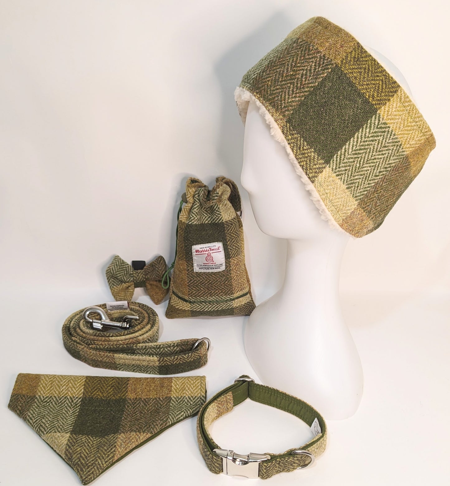 Collared Creatures Green Block Herringbone Buckle Fastening Harris Tweed Luxury Dog Accessories