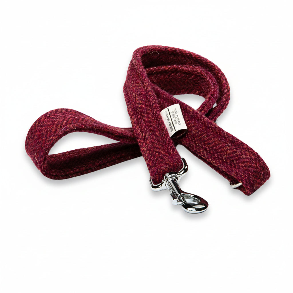Handmade Collared Creatures Raspberry & Coral Herringbone Harris Tweed Luxury Dog Lead. Heritage Harris Tweed Design - Stylish & Durable. Pair With a Matching Harris Tweed Dog Collar.