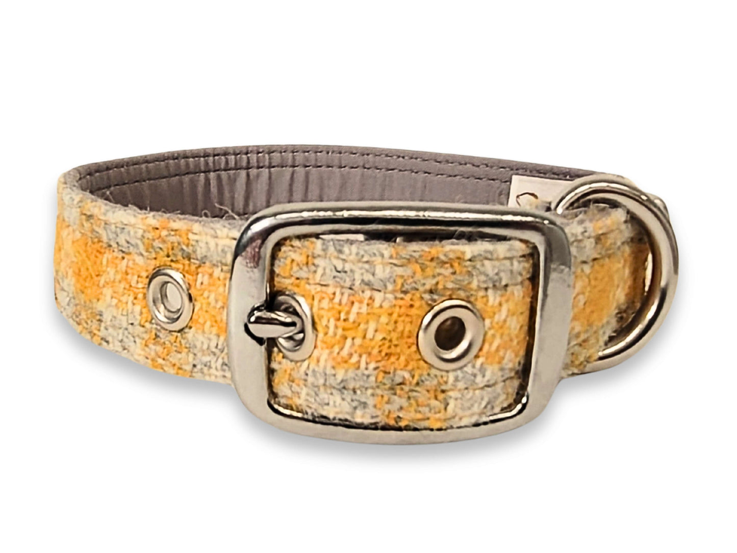 Sunflower Check Luxury Harris Tweed Dog Collar by Collared Creatures - Heritage Design Yellow Luxury Handmade Harris Tweed Dog Collar, Durable, Stylish and Machine Washable, Available in Multiple Sizes