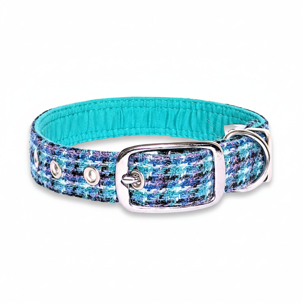 Teal & Lilac Check Luxury Harris Tweed Dog Collar by Collared Creatures - Heritage Harris Tweed Buckle Dog Collar, Vibrant & Colourful Tweed Design, Durable & Stylish, Available in Multiple Sizes