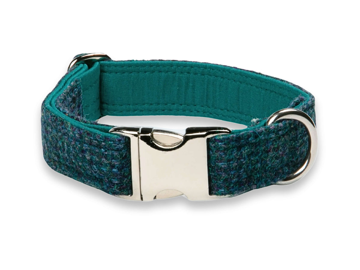 Handcrafted teal with a touch of blue tweed collar for dogs, durable and elegant 38mm width