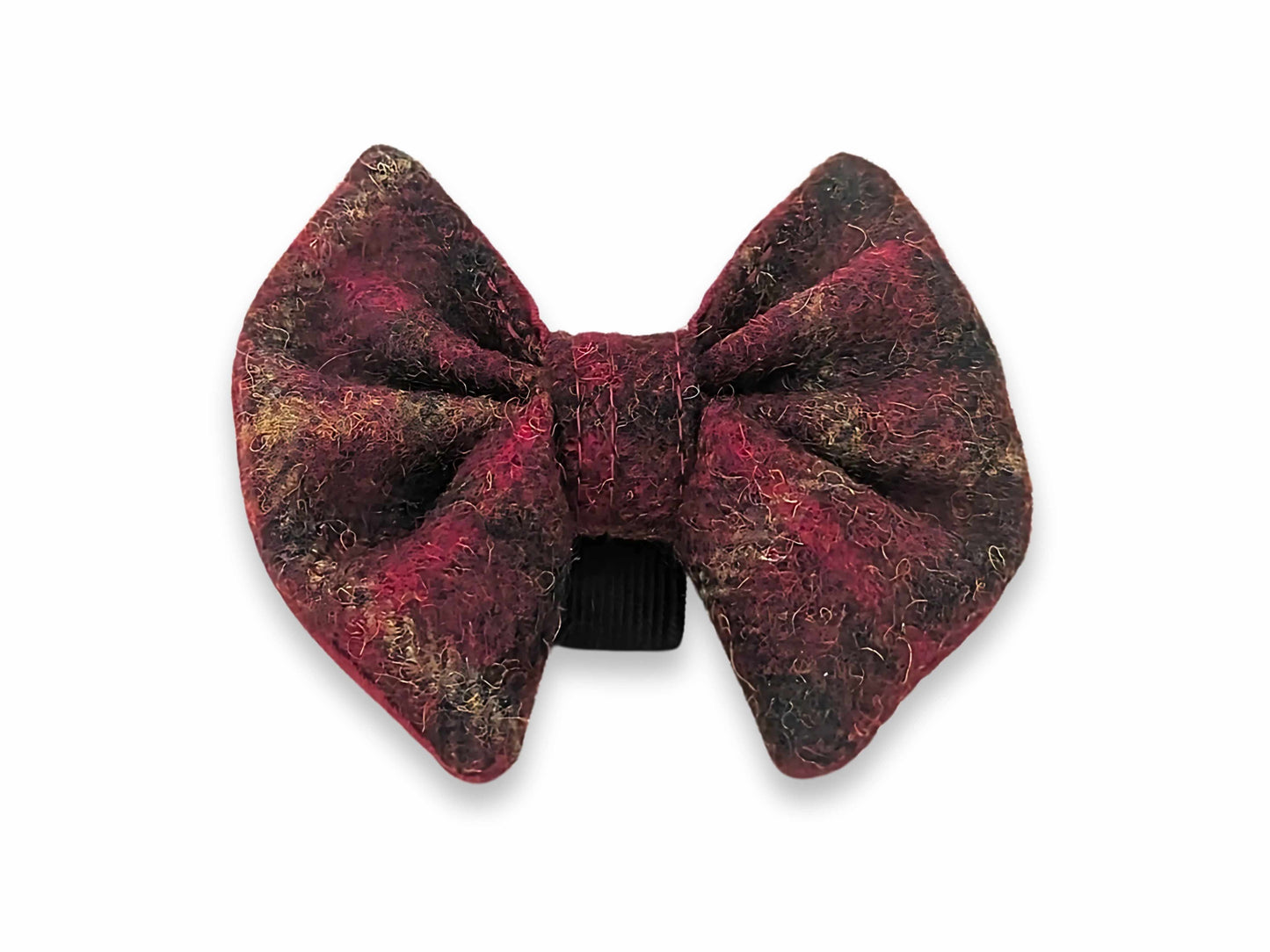 Abraham Moon Balmoral Claret Red luxury Harris Tweed dog bow tie – handmade and slides onto any collar