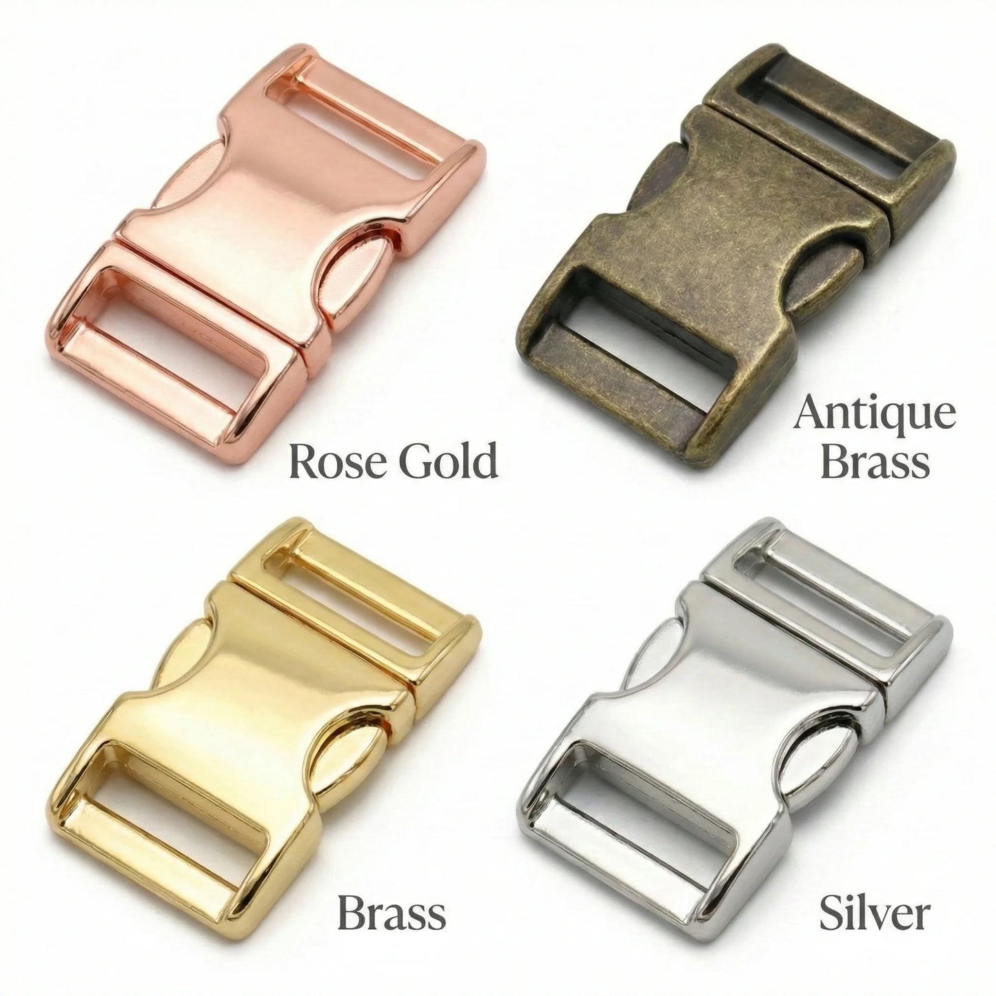 Four metal buckles in rose gold, antique brass, brass, and silver on a white background.