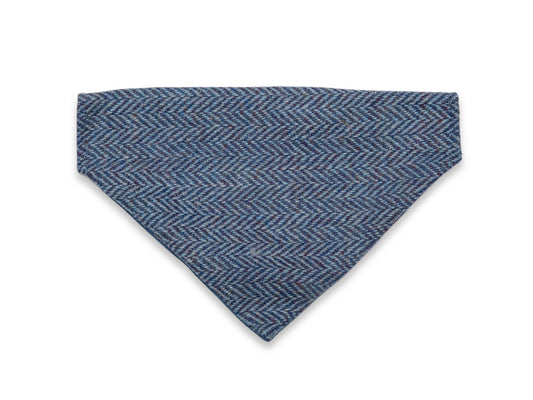 Blue herringbone Harris Tweed dog bandana over collar