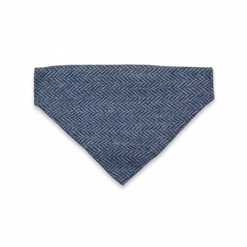 Blue herringbone Harris Tweed dog bandana over collar