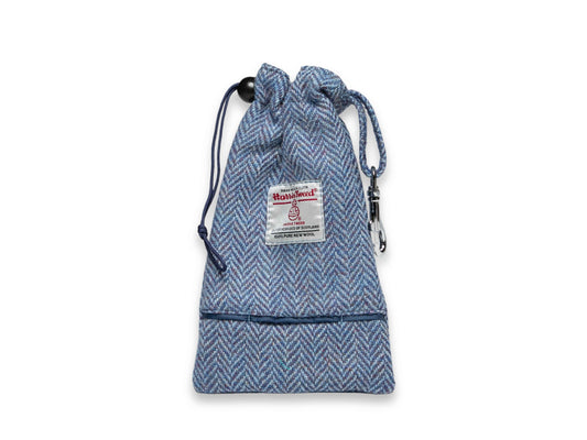 Blue Herringbone Harris Tweed dog treat bag with built-in poop bag holder