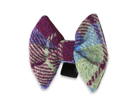Burgundy and blue check Harris Tweed dog bow tie – handmade and ideal for special occasions or smart daily wear