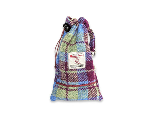 Burgundy and blue check Harris Tweed dog treat bag with integrated poop bag dispenser