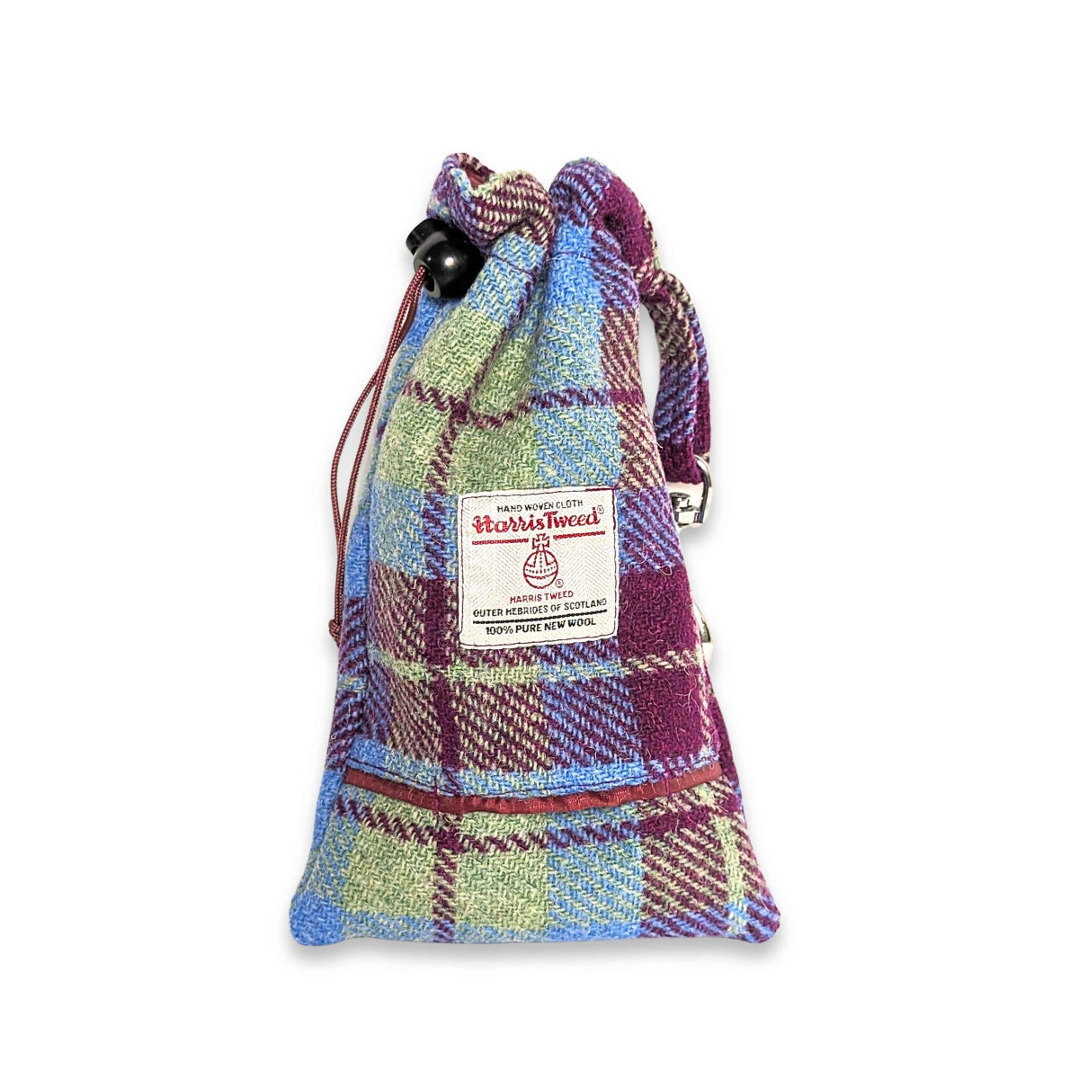 Burgunderrote und blau karierte Harris Tweed Hundeleckerli-Tasche mit integriertem Kotbeutelspender