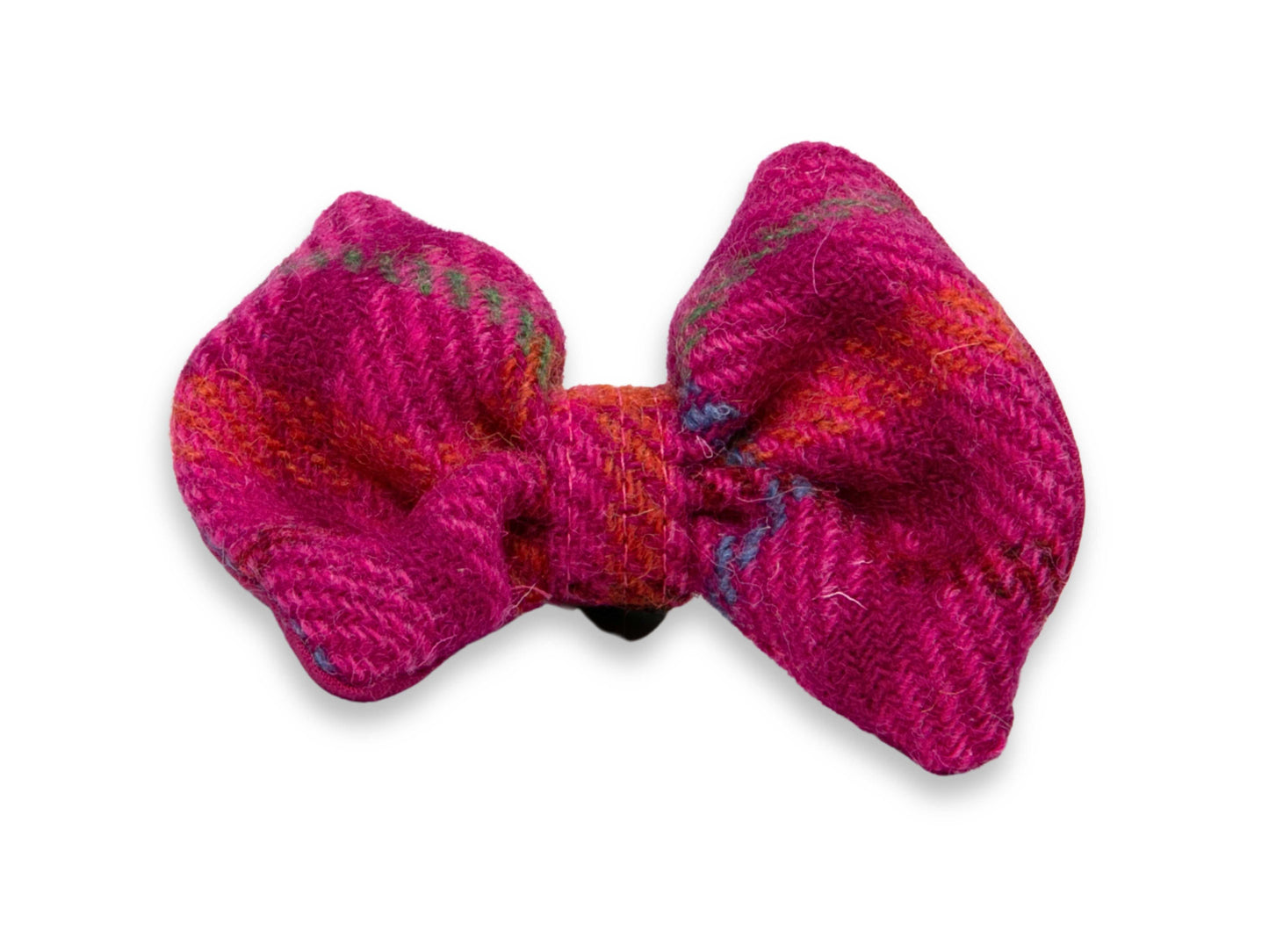 Cerise check Harris Tweed dog bow tie – handmade in bright pink tones, slides onto any collar
