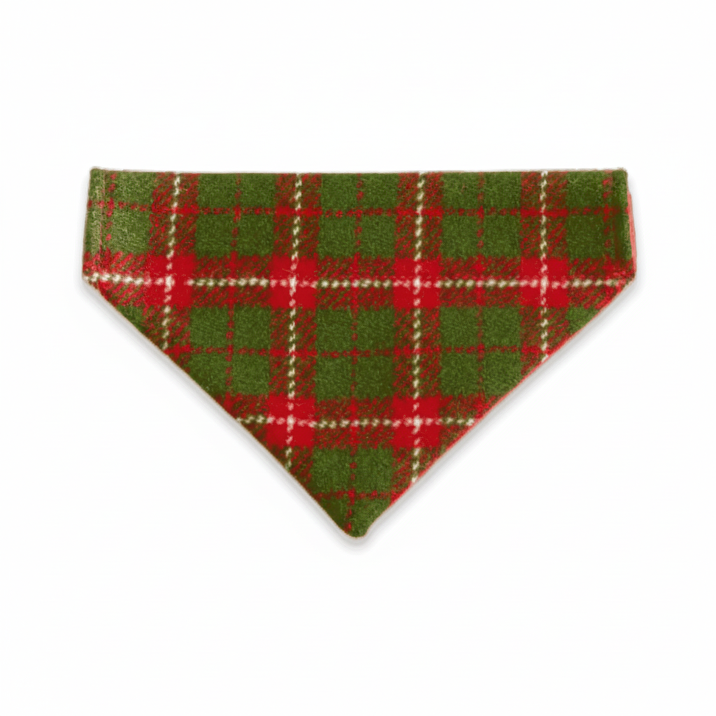 Red and green plaid dog bandana on a white background