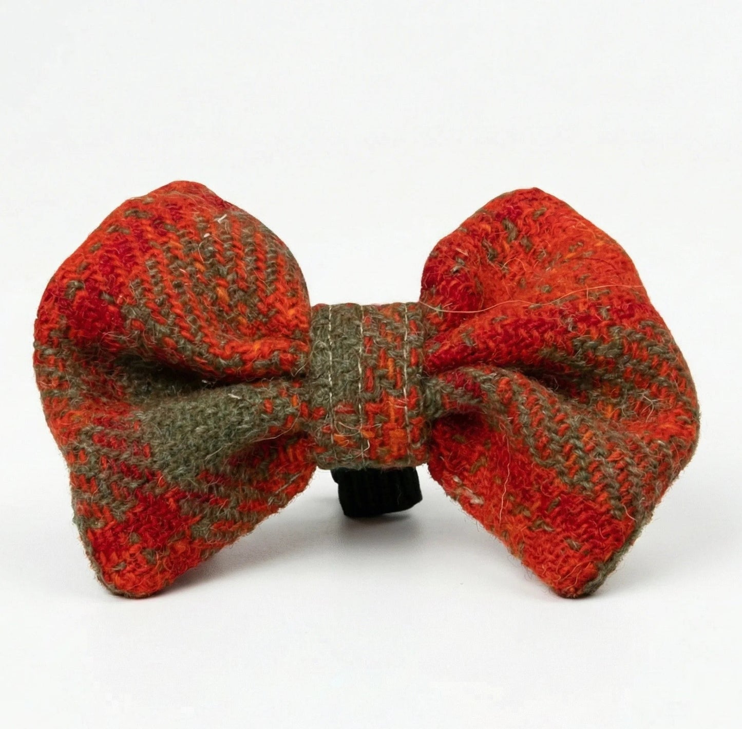 Orange and olive check Harris Tweed dog bow tie on white background