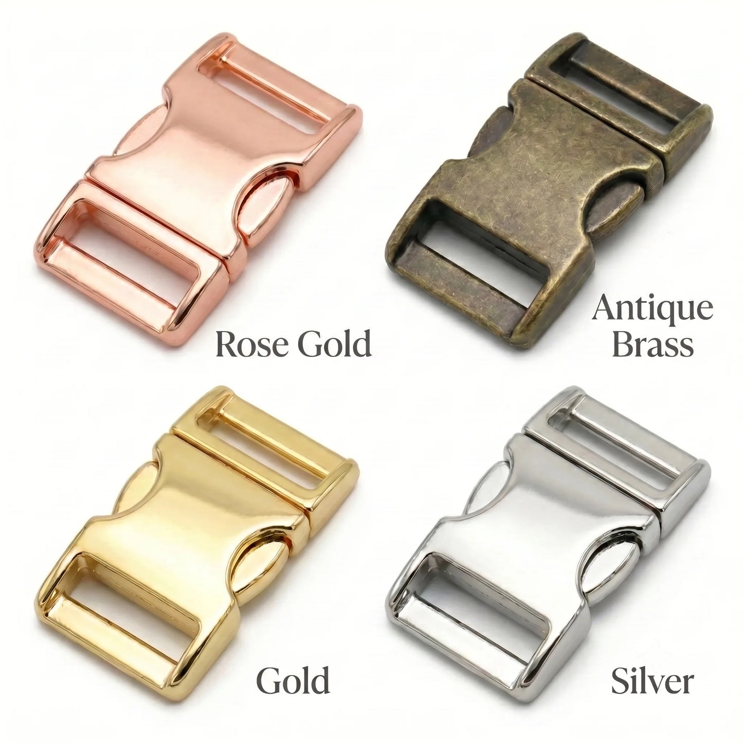 Four metal clasps in rose gold, antique brass, gold, and silver on a white background.