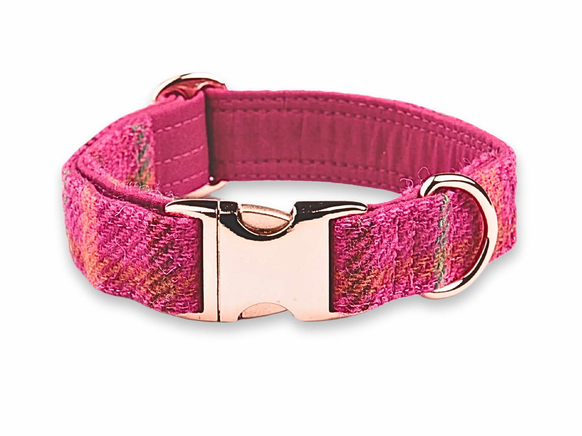Handmade cerise check Harris Tweed dog collar in extra wide 38mm, stylish collar for dogs