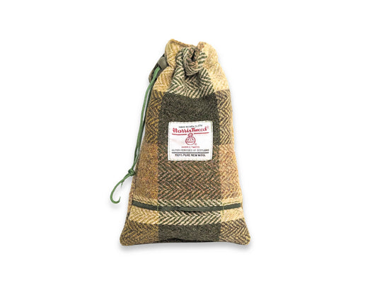 Green block herringbone Harris Tweed dog treat bag with built-in poop bag holder