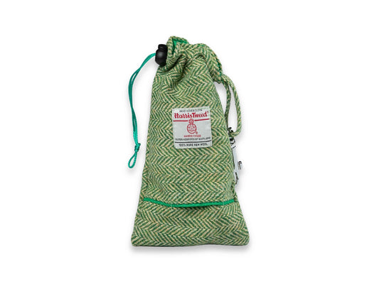 Green herringbone Harris Tweed dog treat bag with built-in poop bag dispenser