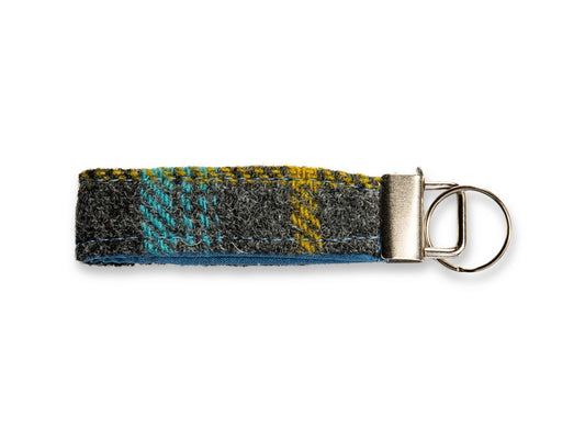 Grey and blue check Harris Tweed keyring