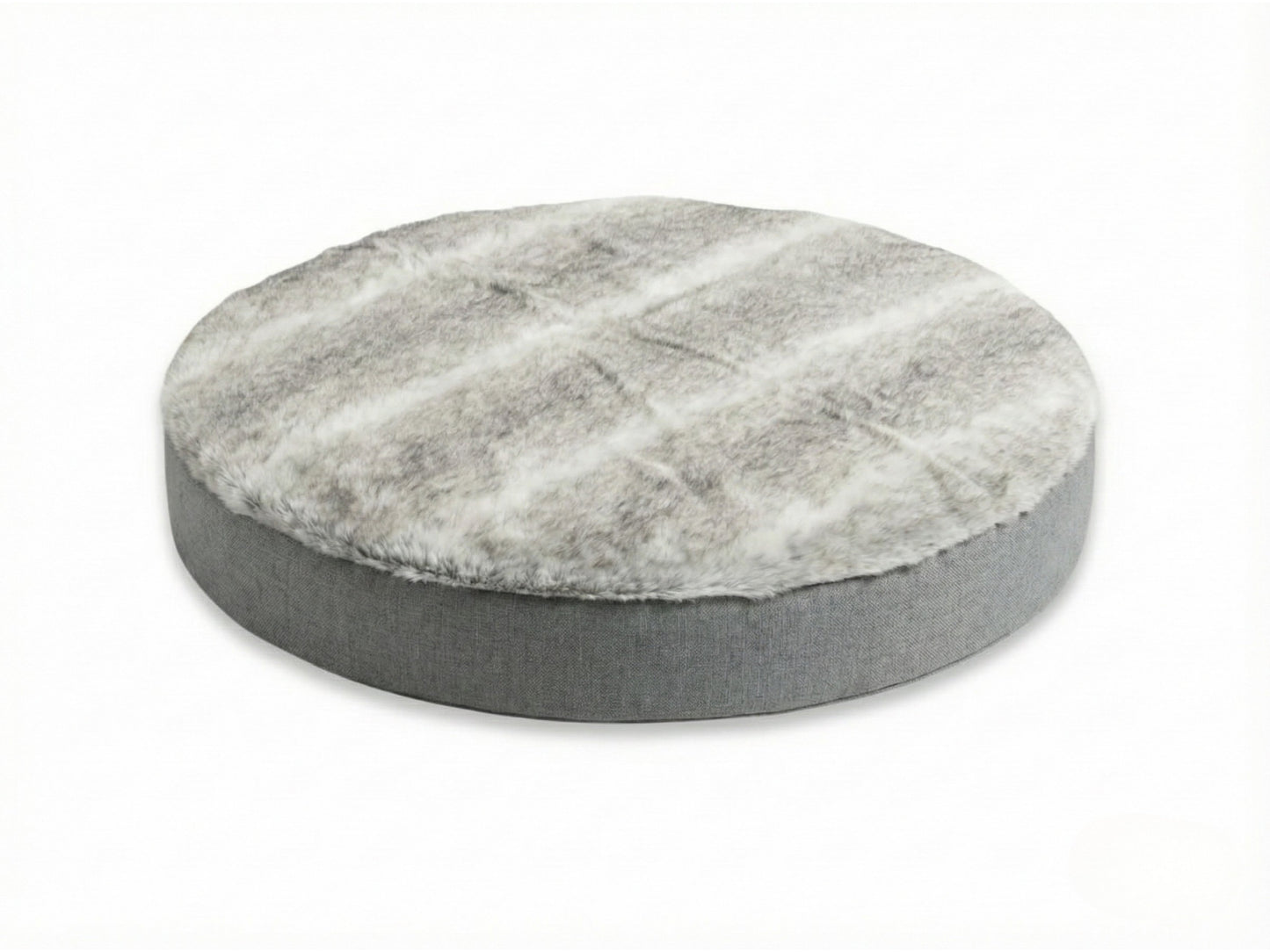 Round faux fur pattern dog cushion on a white background