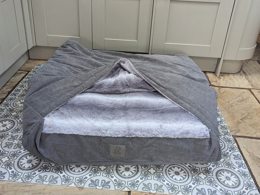 Grey Luxury Dog Snuggle Bed / Snuggle Sack faux fur inner material