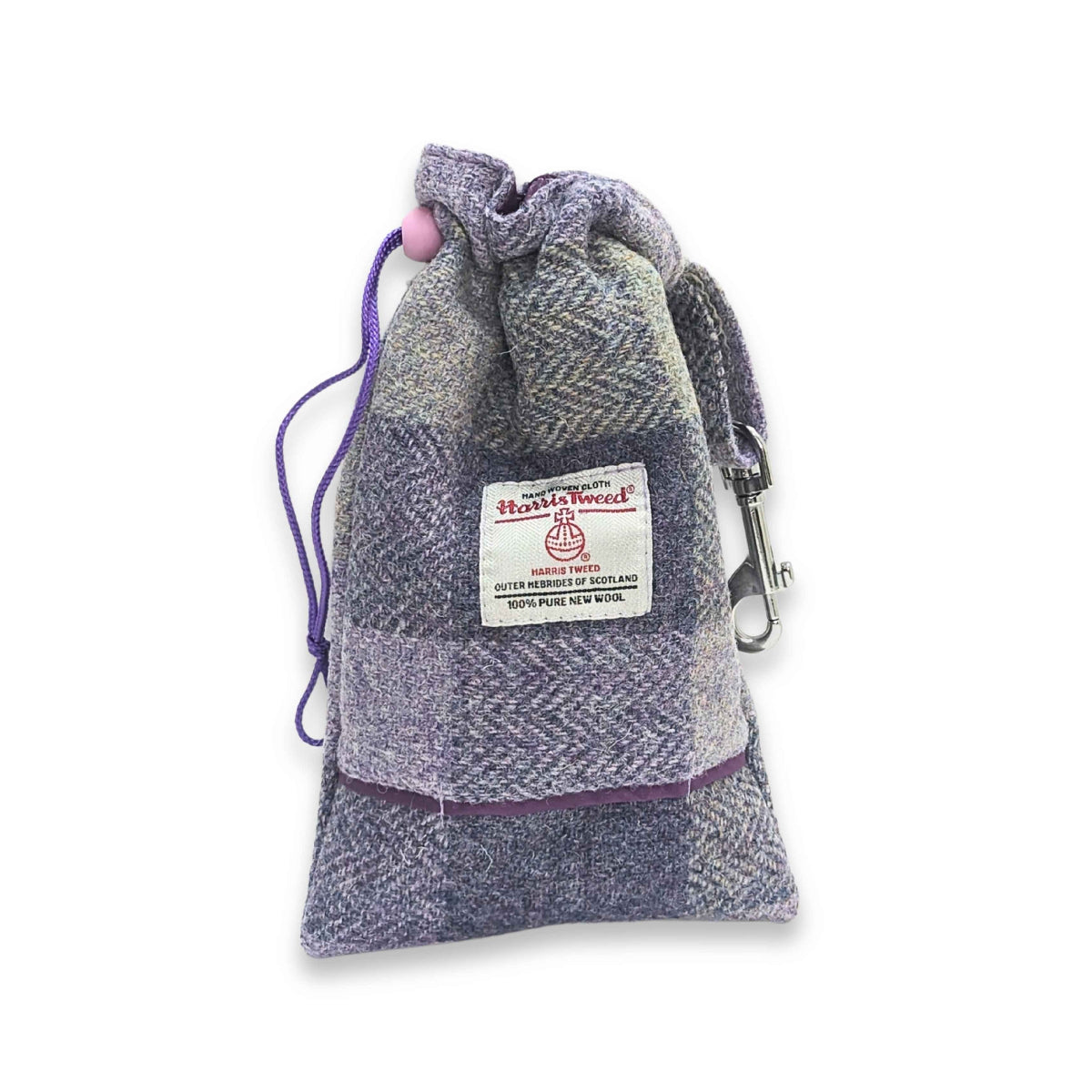 Lavender block check Harris Tweed dog treat bag with built-in poop bag dispenser