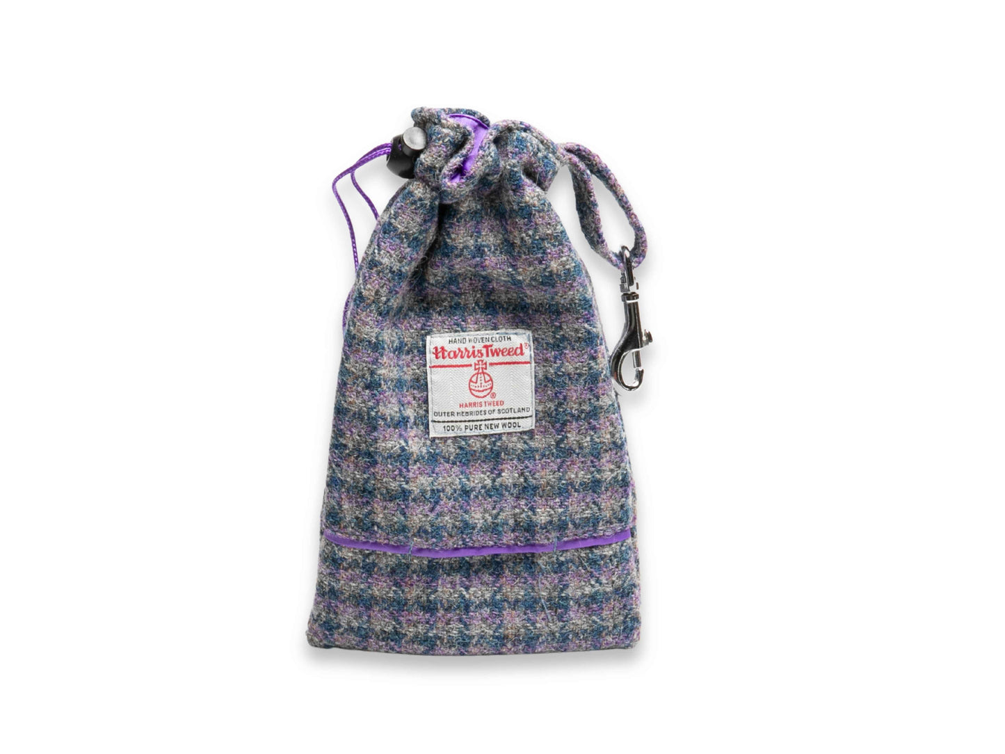Lilac and blue check Harris Tweed dog treat bag with built-in poop bag holder