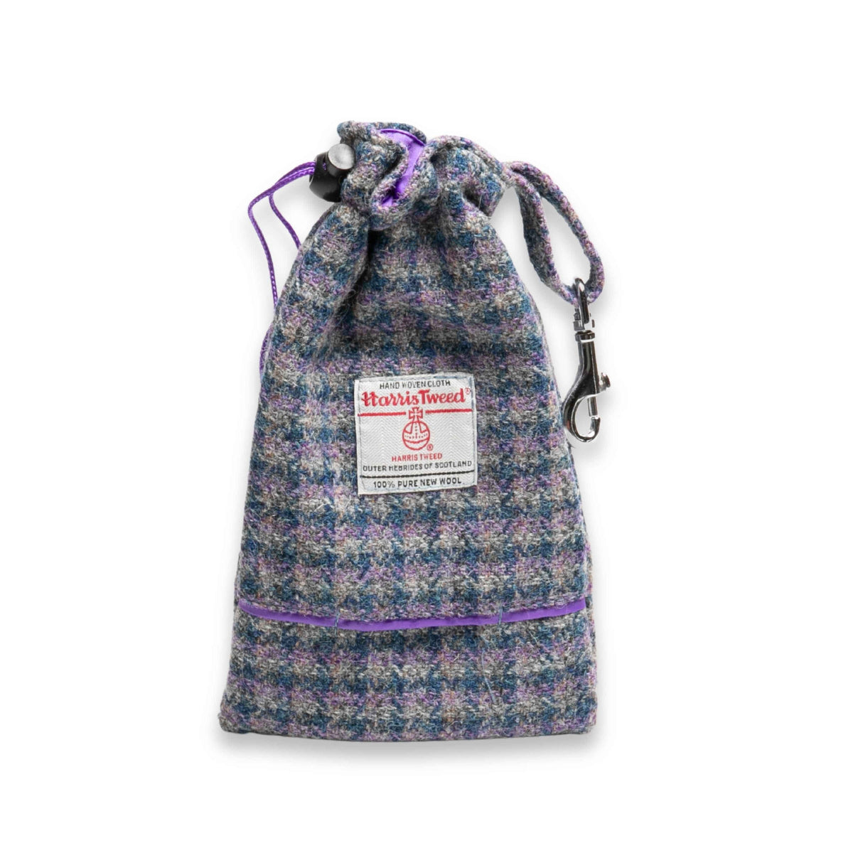 Fliederfarbene und blau karierte Harris Tweed Hundeleckerli-Tasche mit integriertem Kotbeutelhalter