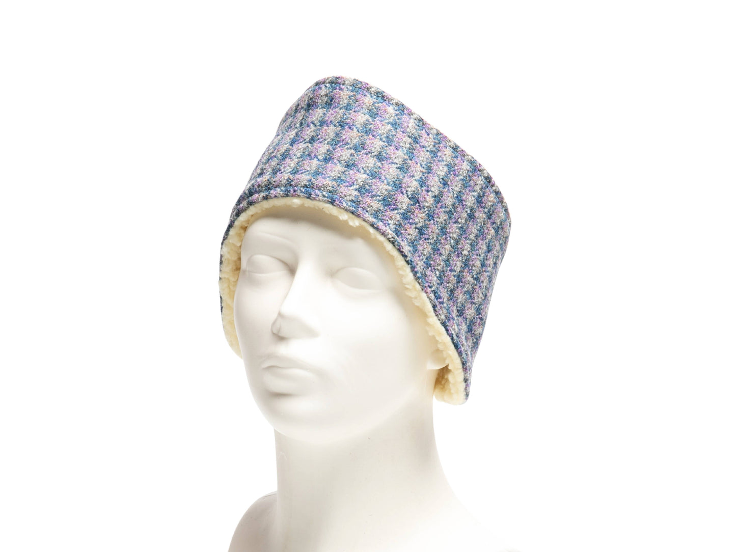 Fliederfarbenes und blau kariertes Harris Tweed Stirnband