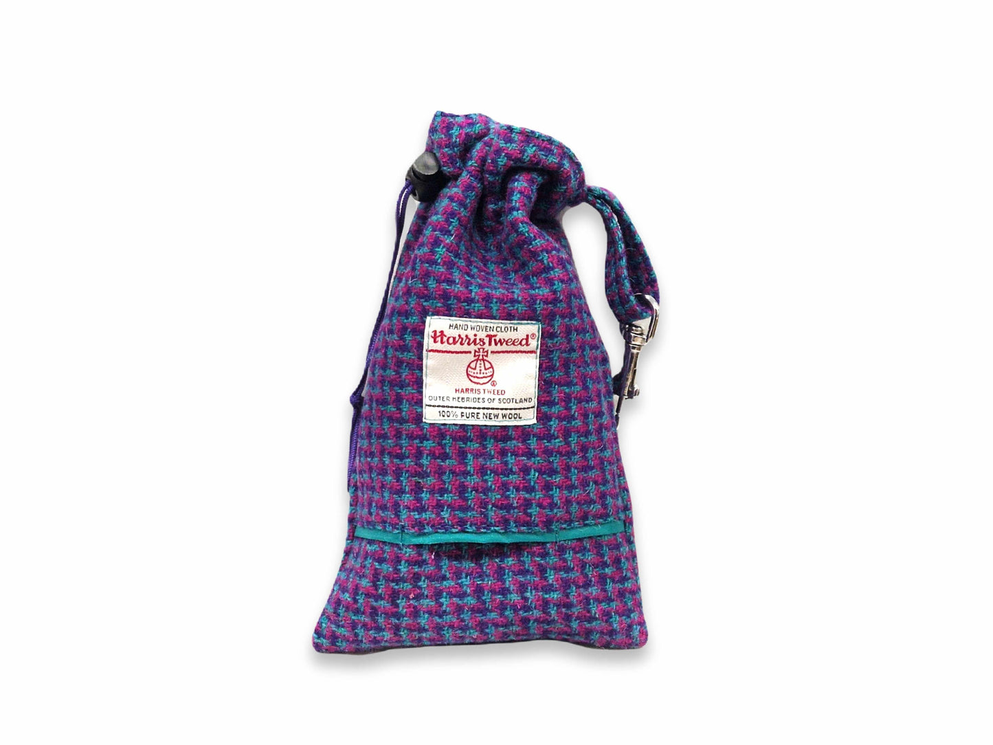 Magenta, violet and teal houndstooth Harris Tweed dog treat bag with built-in poop bag dispenser