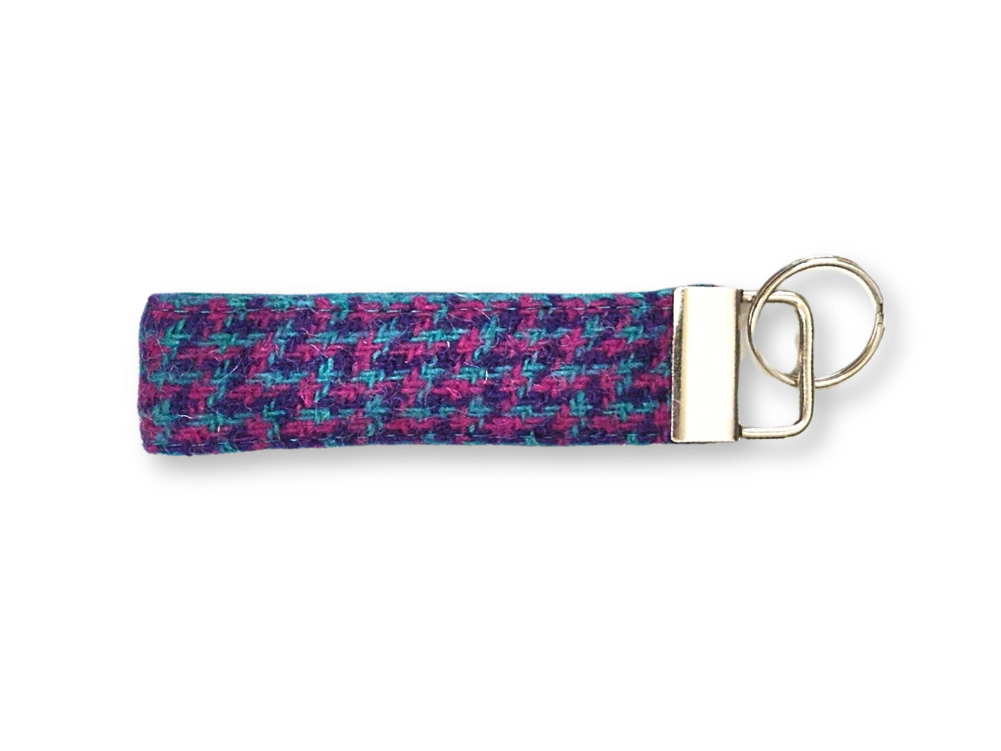 Magenta and teal houndstooth Harris Tweed keyring