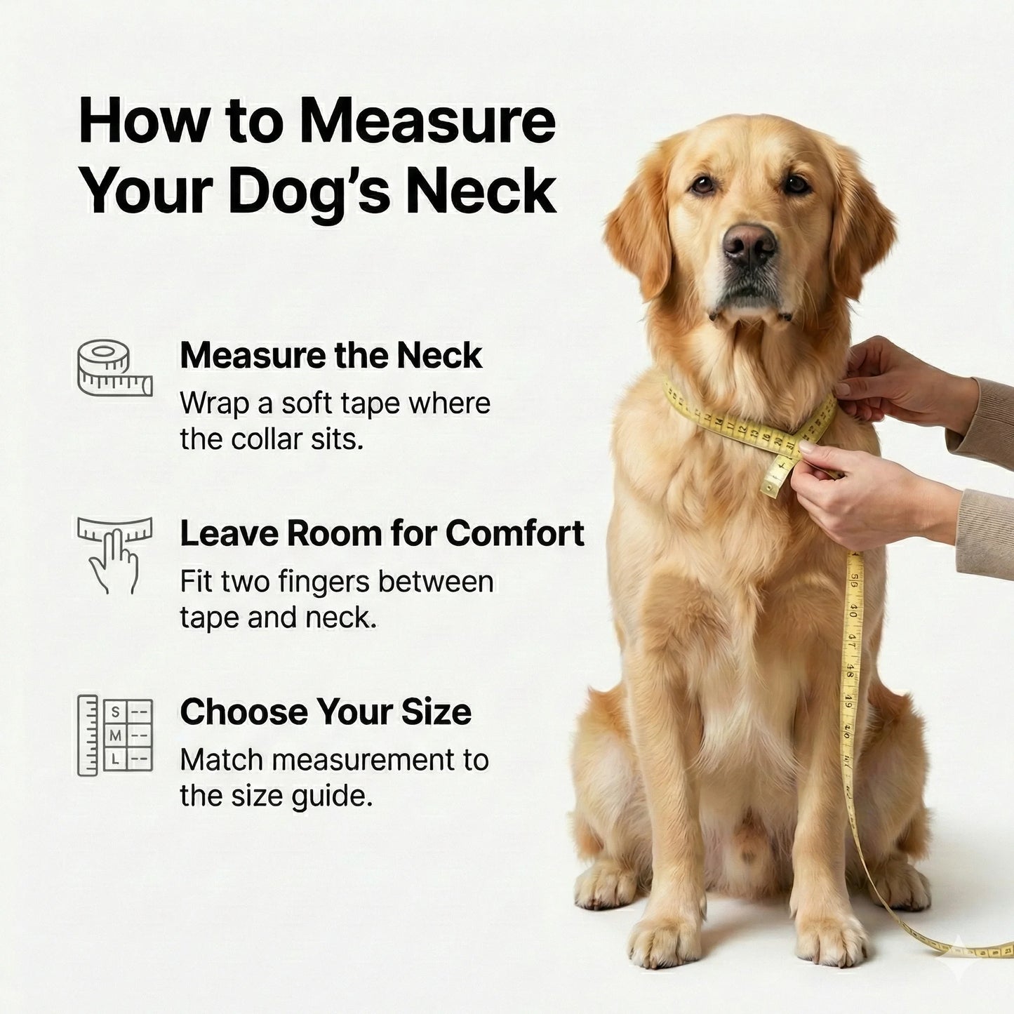 Dog being measured for a collar with instructions on how to measure the neck.