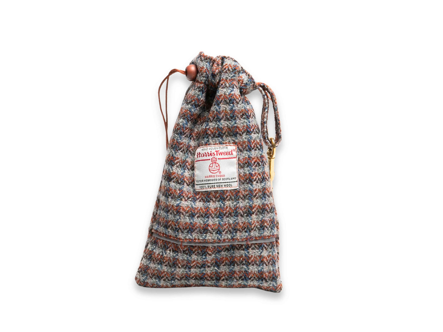 MultiCheck blue, orange and grey Harris Tweed dog treat bag with built-in poop bag dispenser