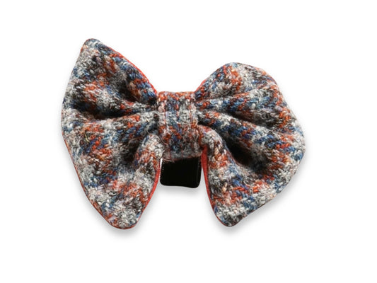 MultiCheck blue, orange and grey Harris Tweed dog bow tie – handmade and collar-ready