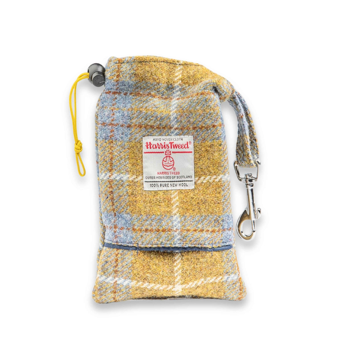 Mustard and blue check Harris Tweed dog treat bag with built-in poop bag dispenser