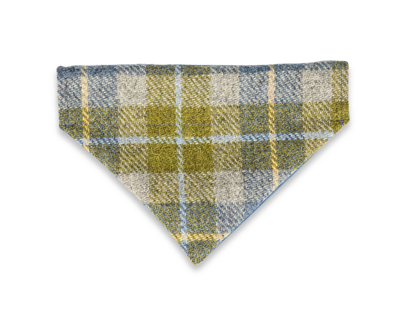 Mustard and blue Harris Tweed dog bandana for special occasions like birthdays and weddings