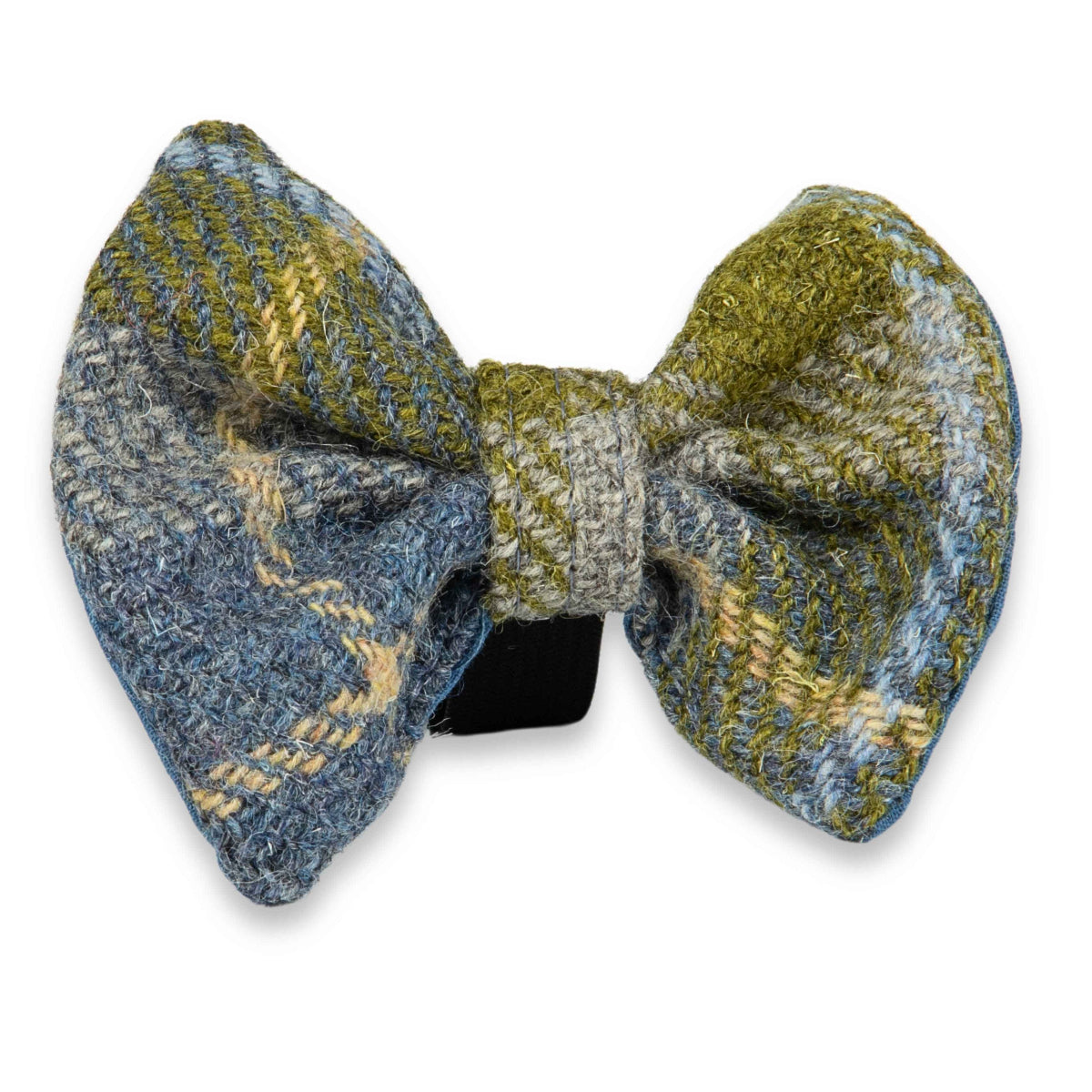 Mustard and blue check Harris Tweed dog bow tie – handmade, smart, and collar-read