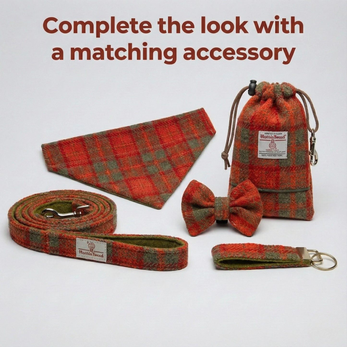 Set of red and green plaid accessories including a bow tie, dog collar, and pouch on a white background.