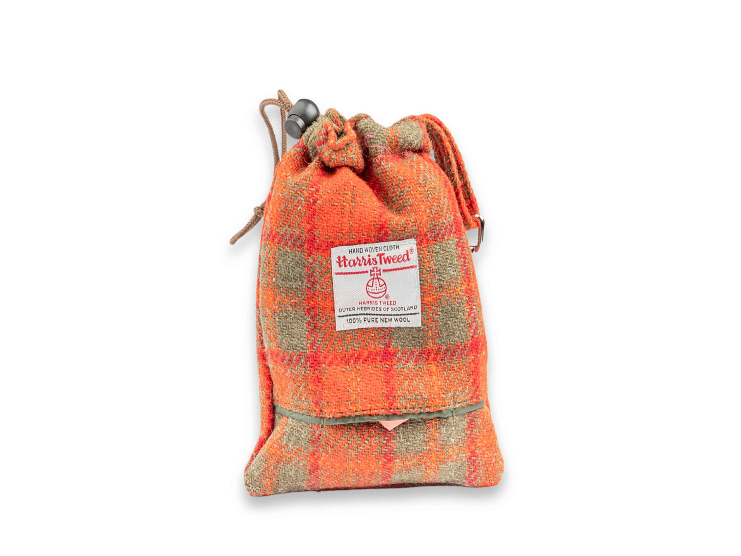 Orange and olive check Harris Tweed dog treat bag with built-in poop bag dispenser