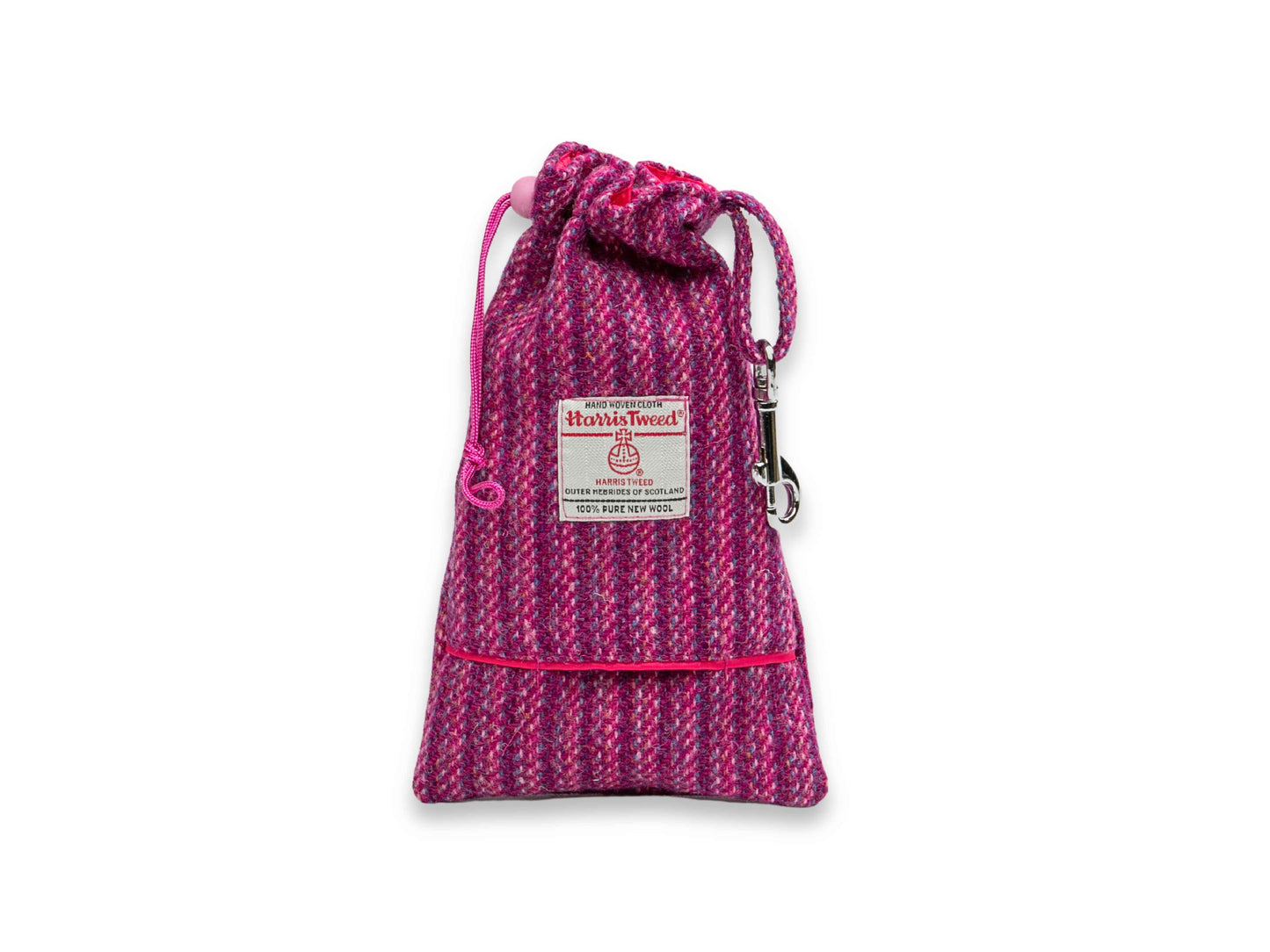 Pink Koana Harris Tweed dog treat bag with built-in poop bag dispenser