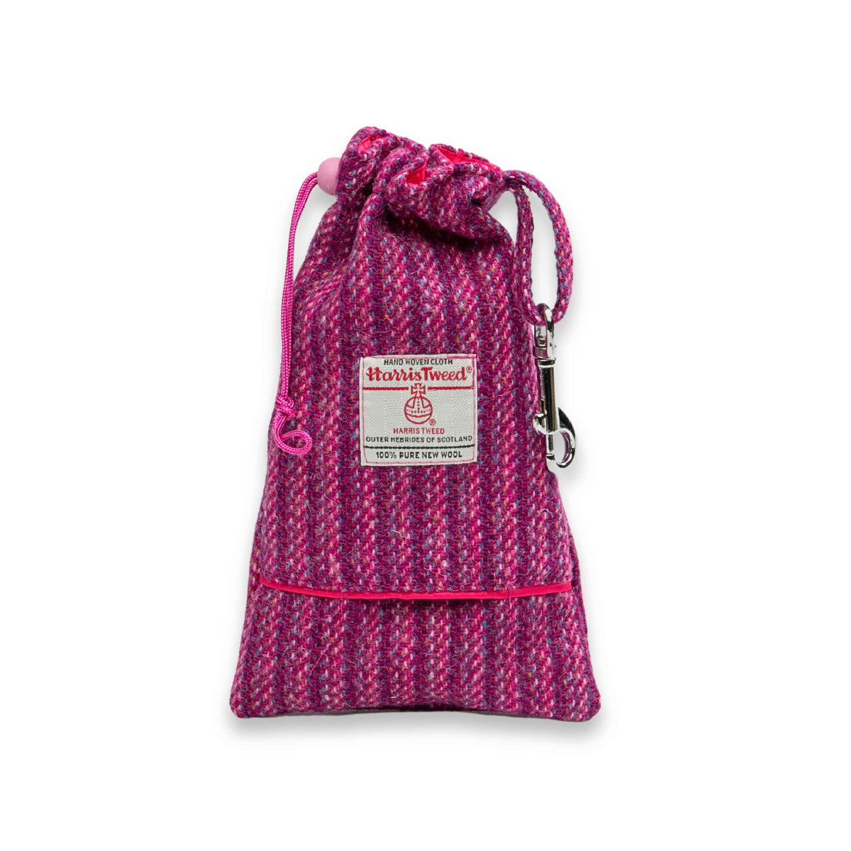 Pink Koana Harris Tweed dog treat bag with built-in poop bag dispenser