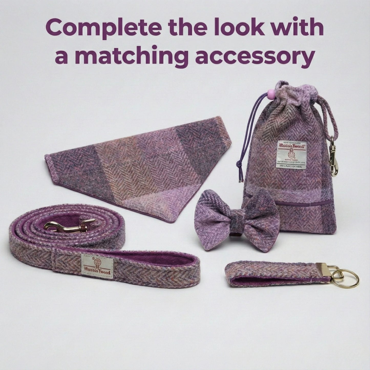 Purple dog accessory set including a collar, leash, bow tie, and pouch on a white background.