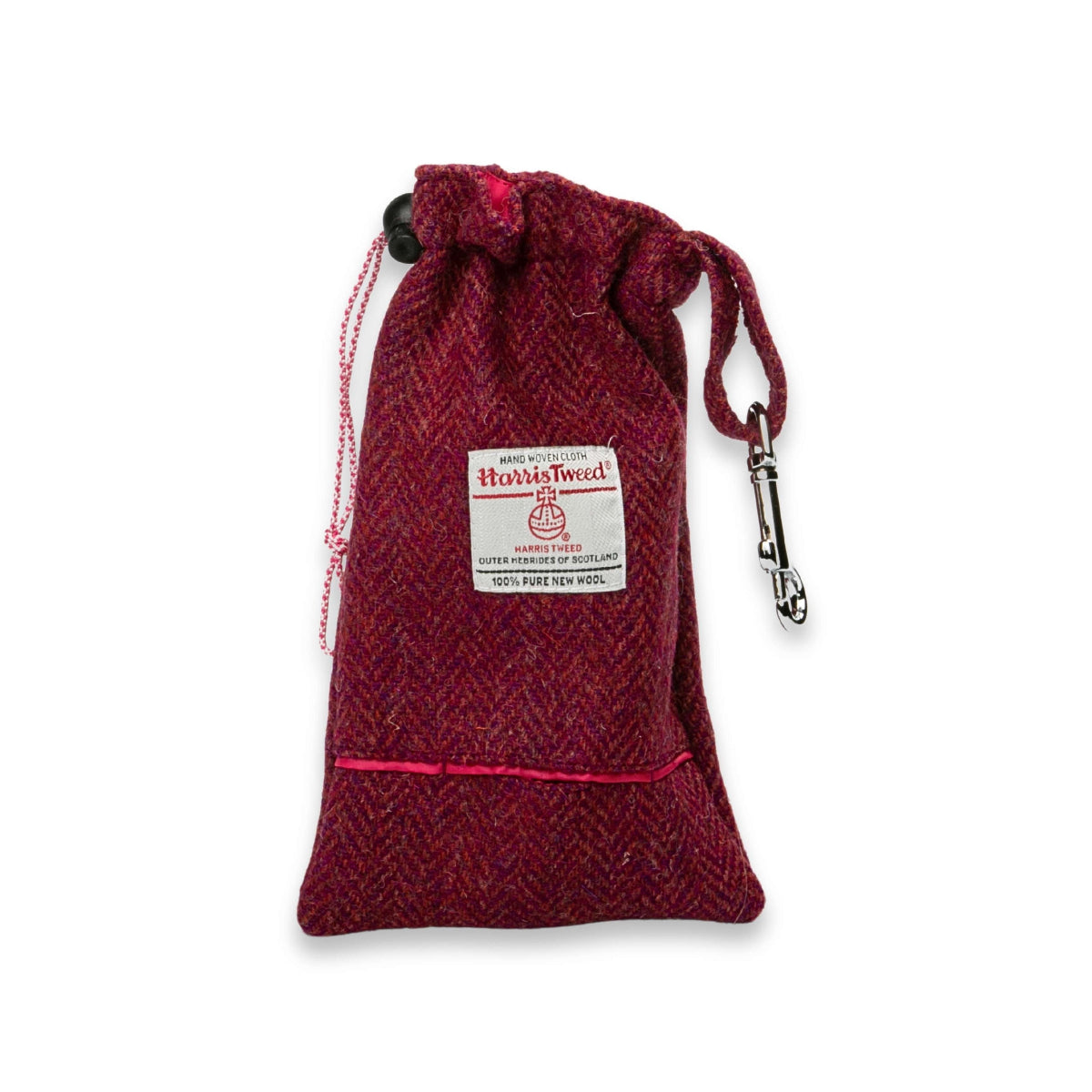 Raspberry and coral herringbone Harris Tweed dog treat bag with poop bag dispenser