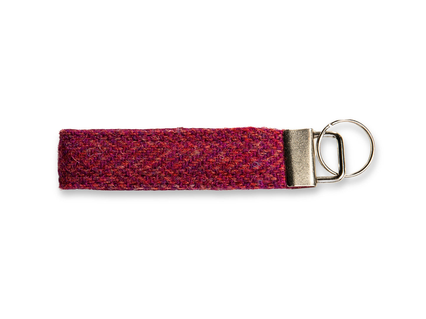 Raspberry and Coral Herringbone Harris Tweed keyring with silver key fob
