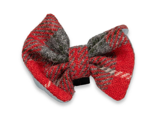 Red and grey check Harris Tweed dog bow tie – handmade, traditional, and stylish
